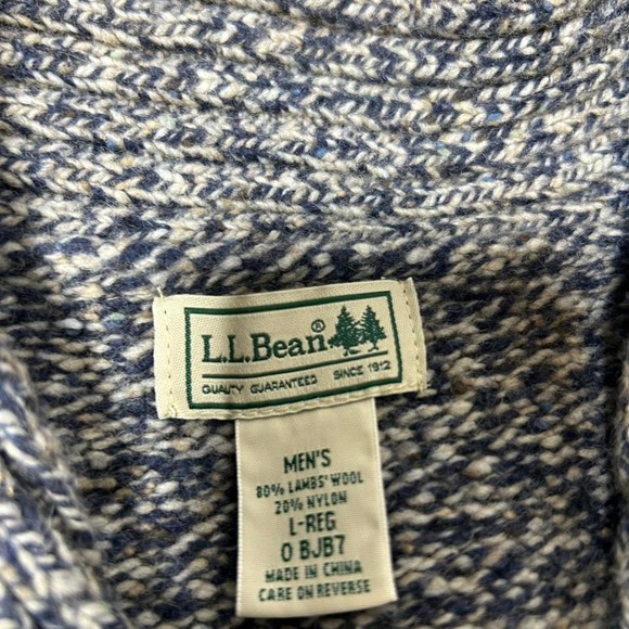 LL Bean Wool Sweater Mens Large Shawl Collar Marled Blue Knit Lambswool - Picture 4 of 4